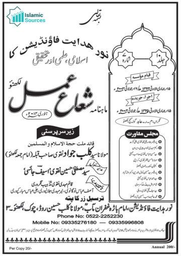 ماہنامہ شعاع عمل جنوری ۲۰۱۴